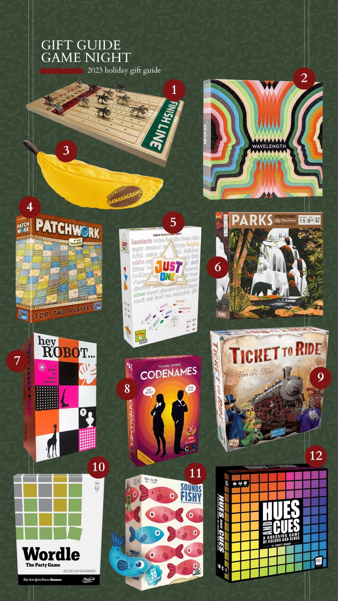 game night, 2023 gift guide, games for families, gifts for families, board games, patchwork, codenames, ticket to ride, hues and clues, world, sounds fishy, parks game, just one, wavelength, horsies game

#LTKGiftGuide #LTKHoliday #LTKHolidaySale