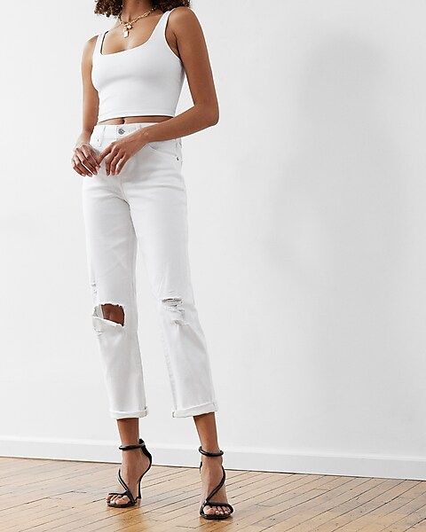 Mid Rise White Ripped Boyfriend Jeans | Express