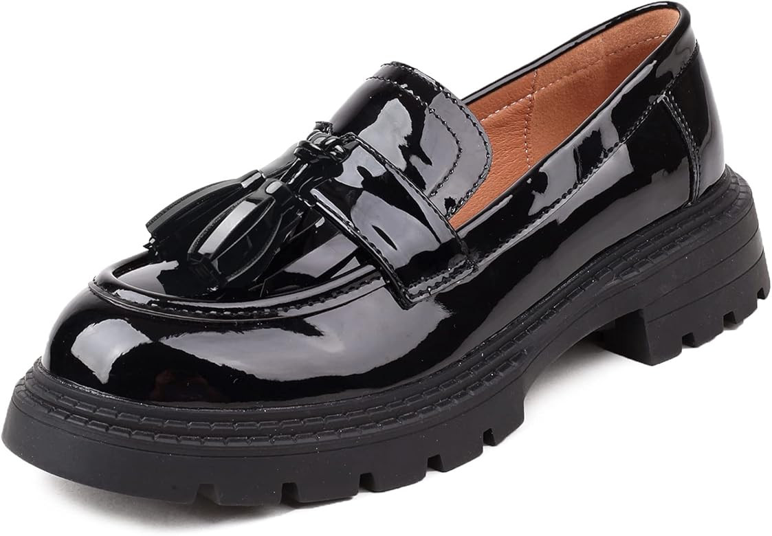 British Style Women's Fashion Loafers, Patent Leather Tassel Loafers, Black Thick-Soled Loafers, Sli | Amazon (US)