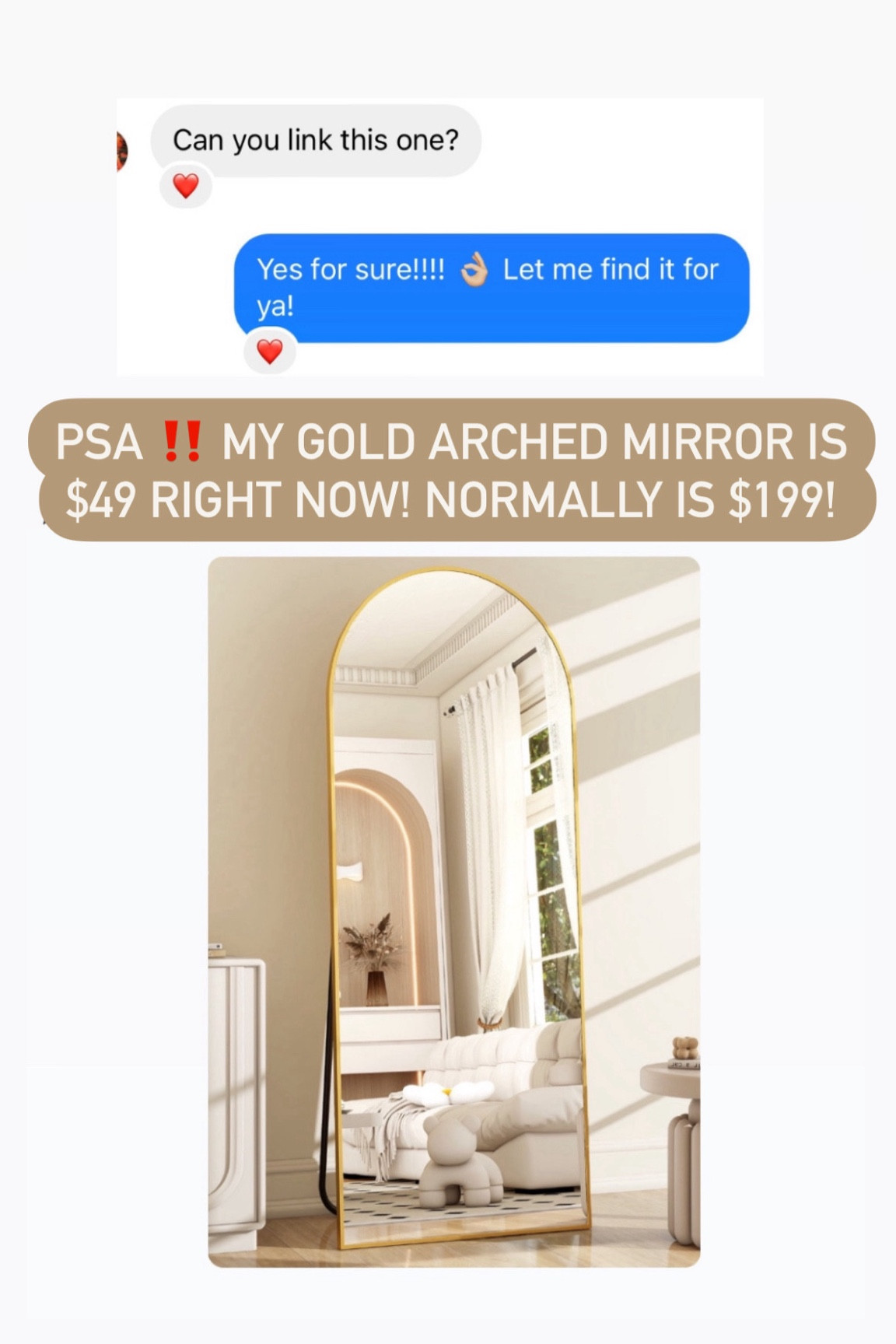 My modern gold arch mirror we are hanging in our living room is on sale for $55 today! Normally $199! 

Home decor, gold frame mirror, free standing mirror, wall art, interior design, living room furniture, home decorating, home design



#LTKHome #LTKSaleAlert #LTKSummerSales