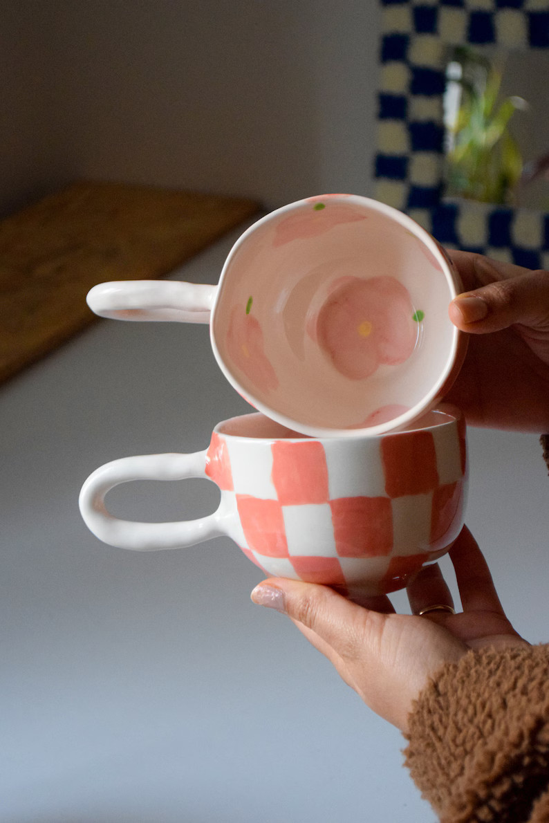 Groovy Flowered Checkered Mug | Handmade Ceramic Unique Coffee Cup Cute Gift | Etsy (US)