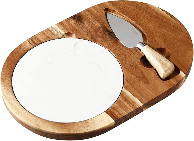 hecef Oval Wooden Cheese Board Set, Acacia Wood Cheese Serving Board with White Marble & Cheese K... | Amazon (US)