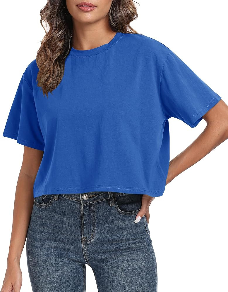 PRIMODA Women's Oversized Workout Cropped T Shirts Crew Neck Short Sleeve Casual Loose Summer Cro... | Amazon (US)
