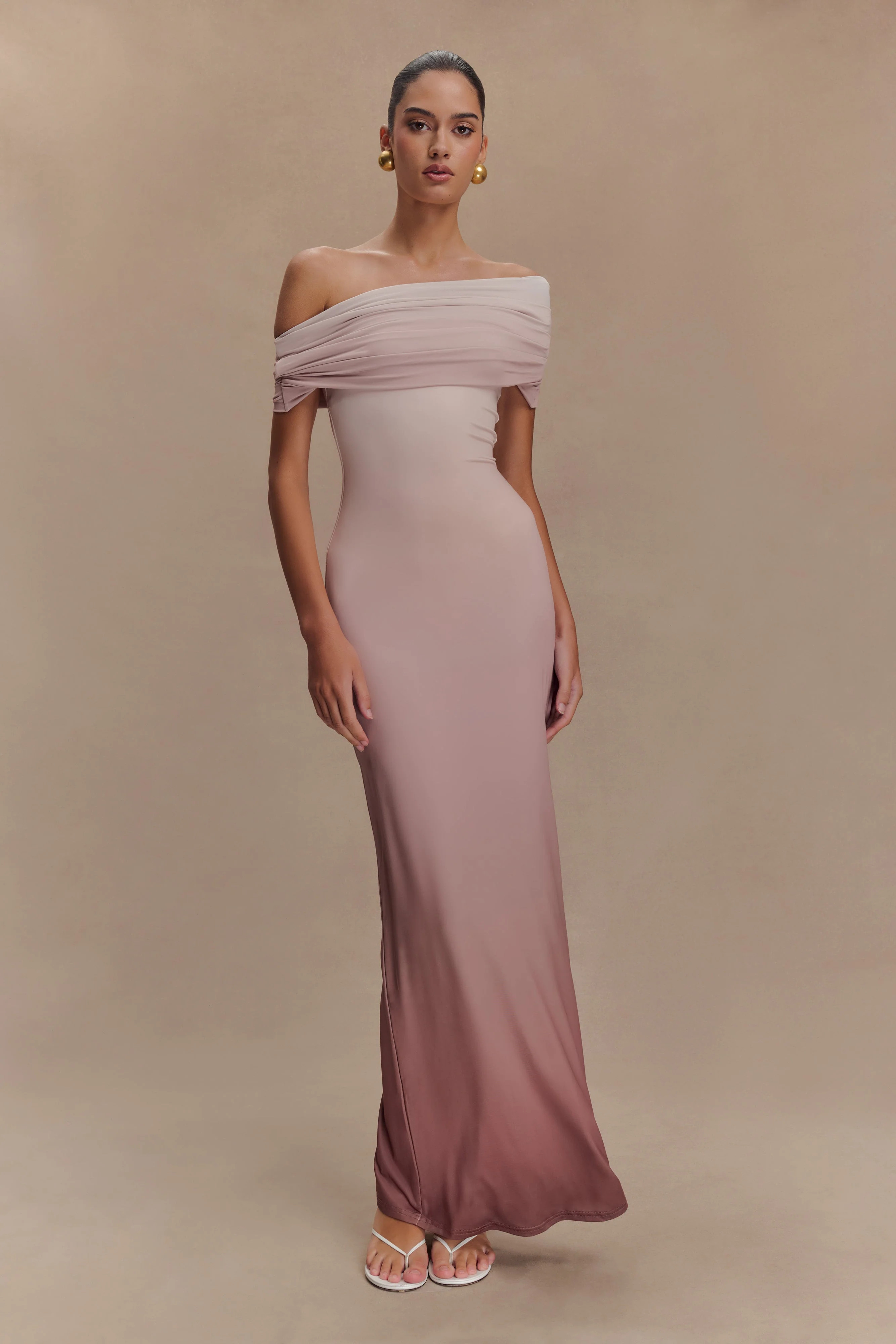 Cassandra Off Shoulder Slinky Maxi Dress - Neutral Ombre | MESHKI US