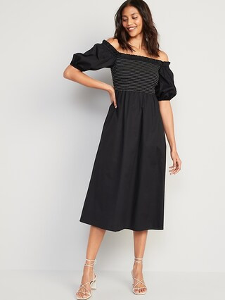 Fit & Flare Off-The-Shoulder Puff-Sleeve Smocked Cotton-Poplin Midi Dress for Women | Old Navy (US)