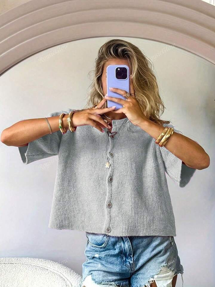 Spring And Summer Solid Color Women's Knitted Cardigan Round Neck Short Sleeve Knitted Button Top | SHEIN