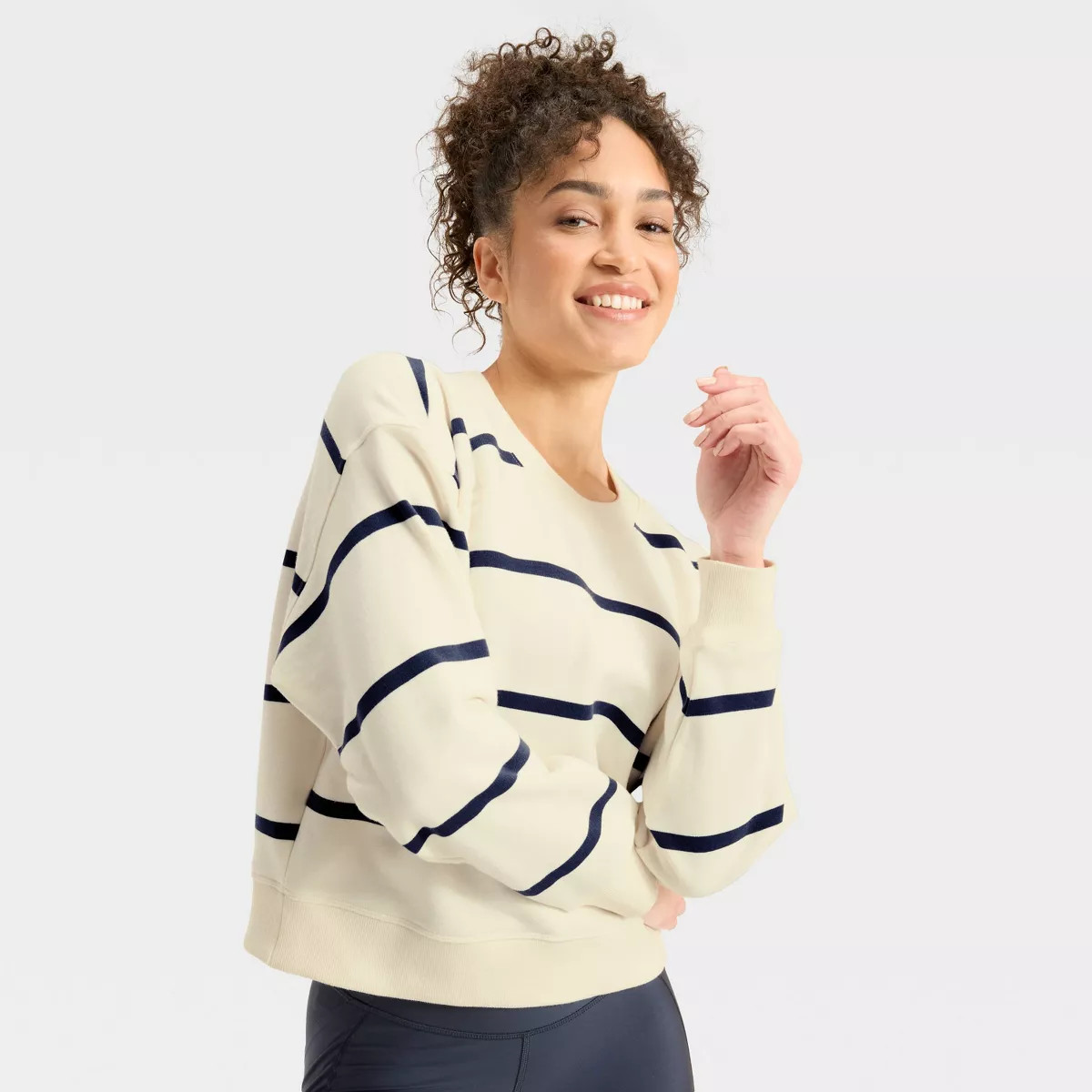 Women's French Terry Crewneck Sweatshirt - All In Motion Cream/Navy Stripe M | Target