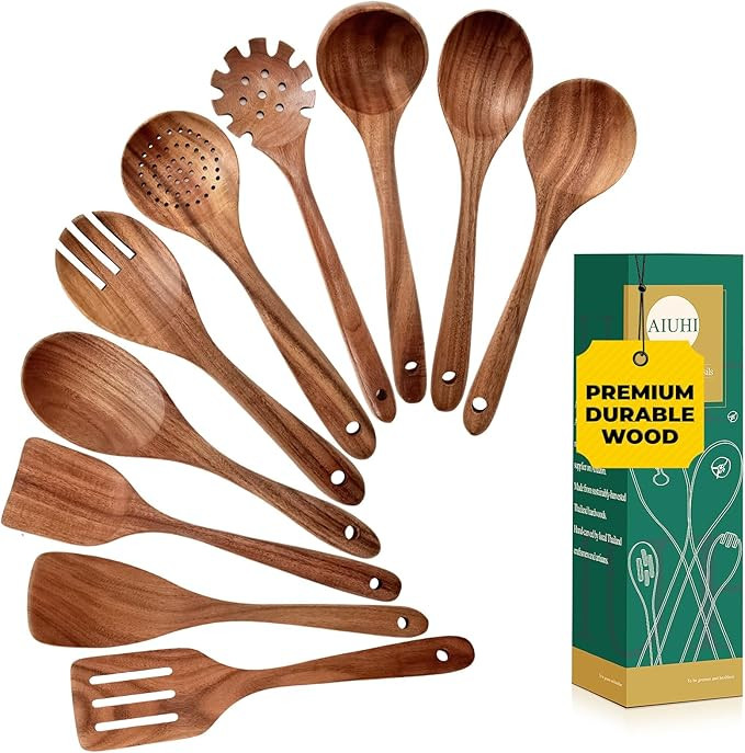 AIUHI Wooden Kitchen Utensils Set, No Scratch Wood Spatula and Spoon Set, Teak Wood Cooking Utens... | Amazon (US)