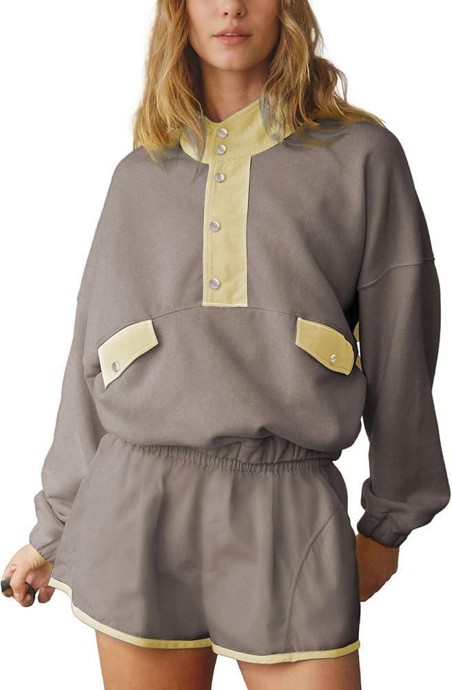 Workout Sets for Women Long Sleeve Half Button Pullover Elastic Waist Shorts Slouchy 2 Piece Set ... | Amazon (US)