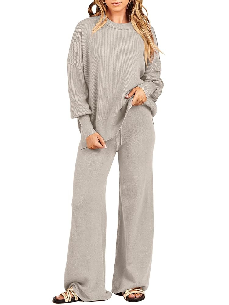 ANRABESS Women 2 Piece Outfits Oversized Chunky Knit Sweater Top Wide Leg Pants 2025 Fall Lounge ... | Amazon (US)