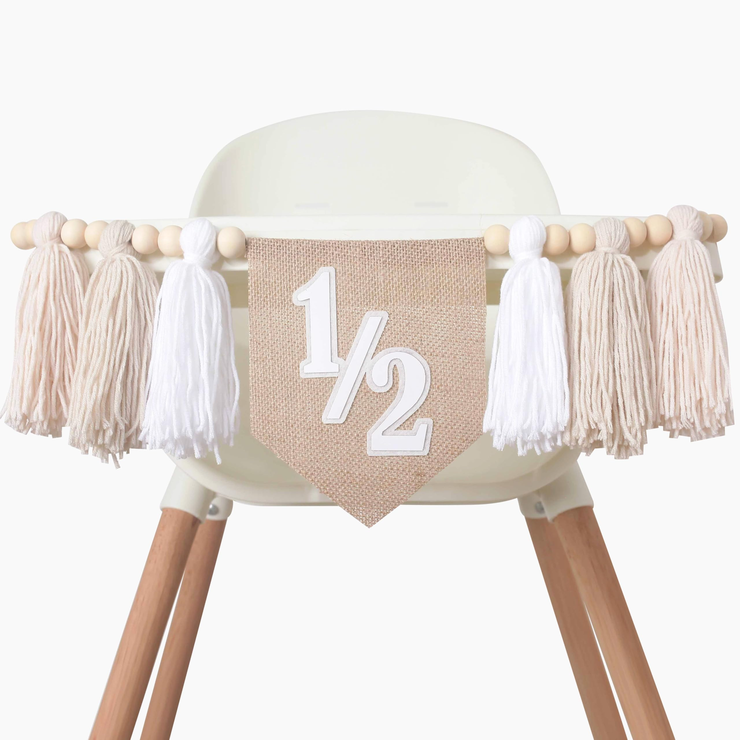 White Half Birthday High Chair Banner - Wood Bead Tassel Garland - 1/2 Birthday Party Tassel Bann... | Amazon (US)