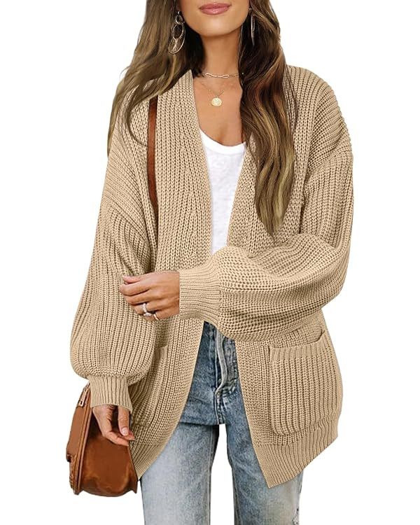 MEROKEETY Women's Fall Open Front Long Lantern Sleeve Cardigan Oversized Chunky Outwear with Pock... | Amazon (US)