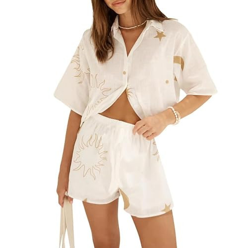 Women’s 2 Piece Beach Vacation Outfits Summer Button Down Short Sleeve Shirts and Shorts Causal Pajama Sets (beach sets 4250 gold,L) | Amazon (US)