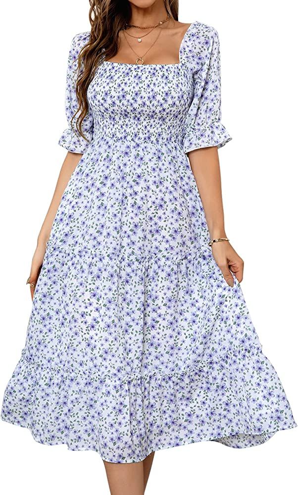 Vaiaye Women Square Neck Midi Dress Chiffon Half Sleeve Summer Floral Ruffle Vintage Elastic Bust... | Amazon (US)