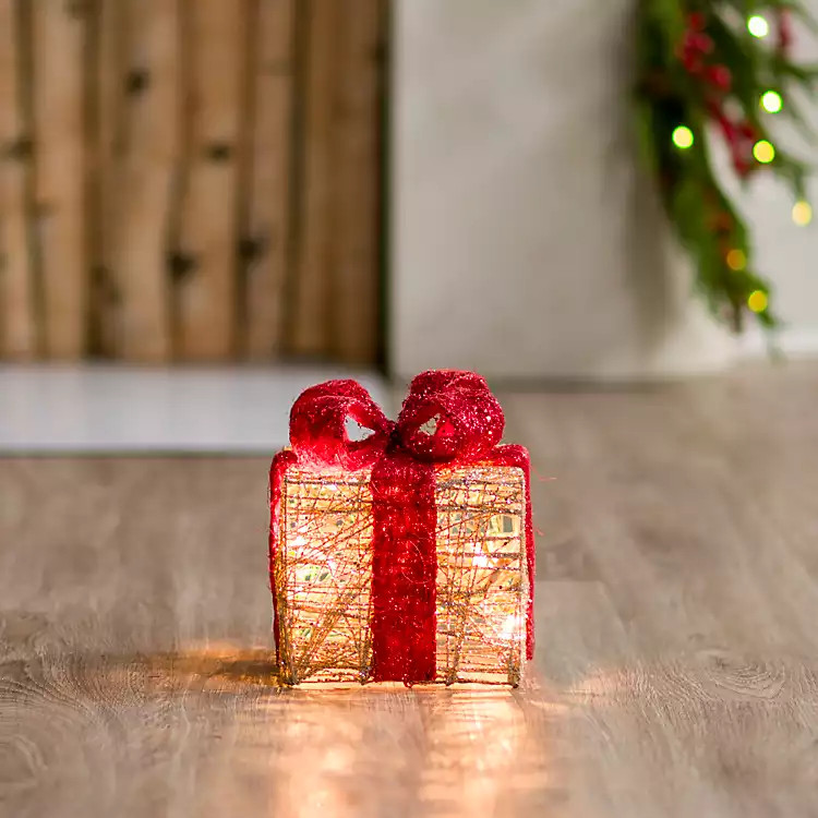 Pre-lit Gold and Red Glitter Gift Box, 7 in. | Kirkland's Home