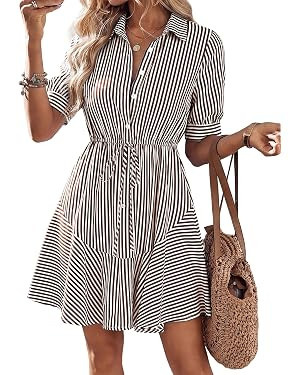 MASCOMODA Womens Striped Mini Summer Dress Button Work Dresses | Pockets, Elastic High Waist, Flo... | Amazon (US)