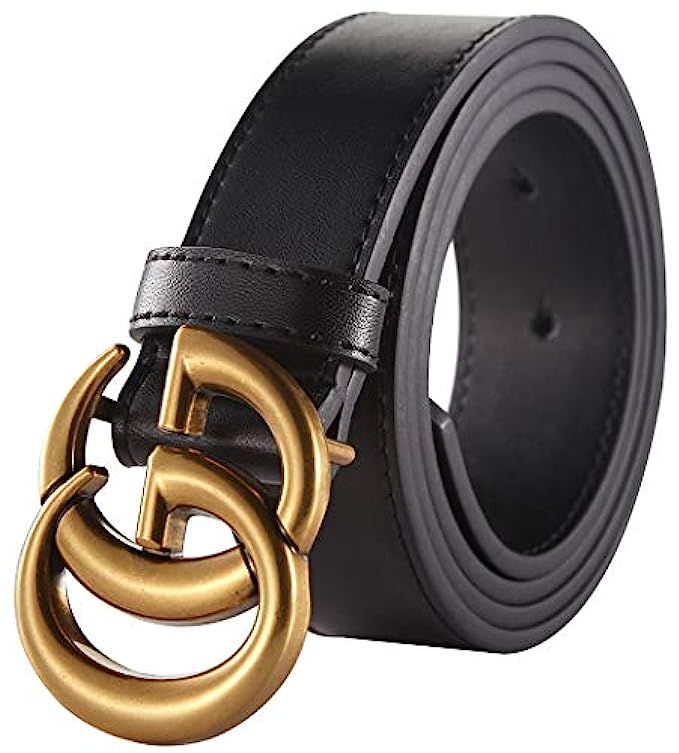 G Buckle Gold/Sivler x Black Leather Unisex Belt for Men or Women ~ 3.2cm Belt Width | Amazon (US)