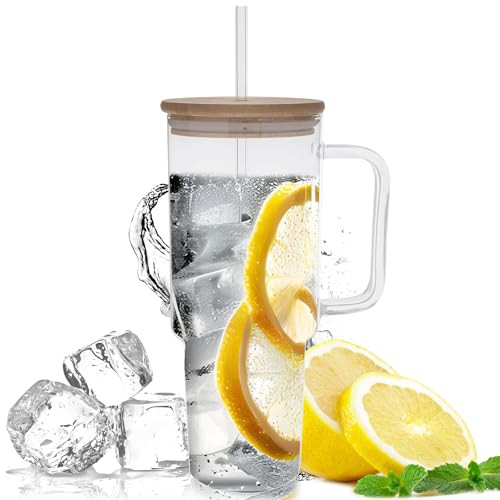 Jumbo Clear Glass Tumbler With Straw And Lid 40 Oz - Stylish Glass Tumbler With Handle, Bamboo Lid - Glass Travel Tumbler for All-Day Hydration - Ideal Iced Coffee Tumbler Glass for Home or Office | Amazon (US)
