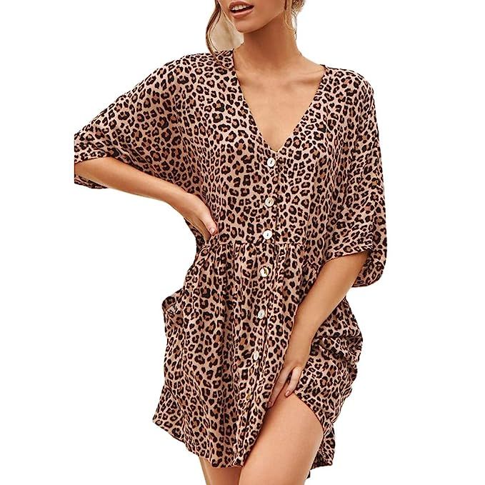 Sexy Womens Fashion Ladies Open Leopard Splice Print Button Casual Dress Sanbebe | Amazon (US)