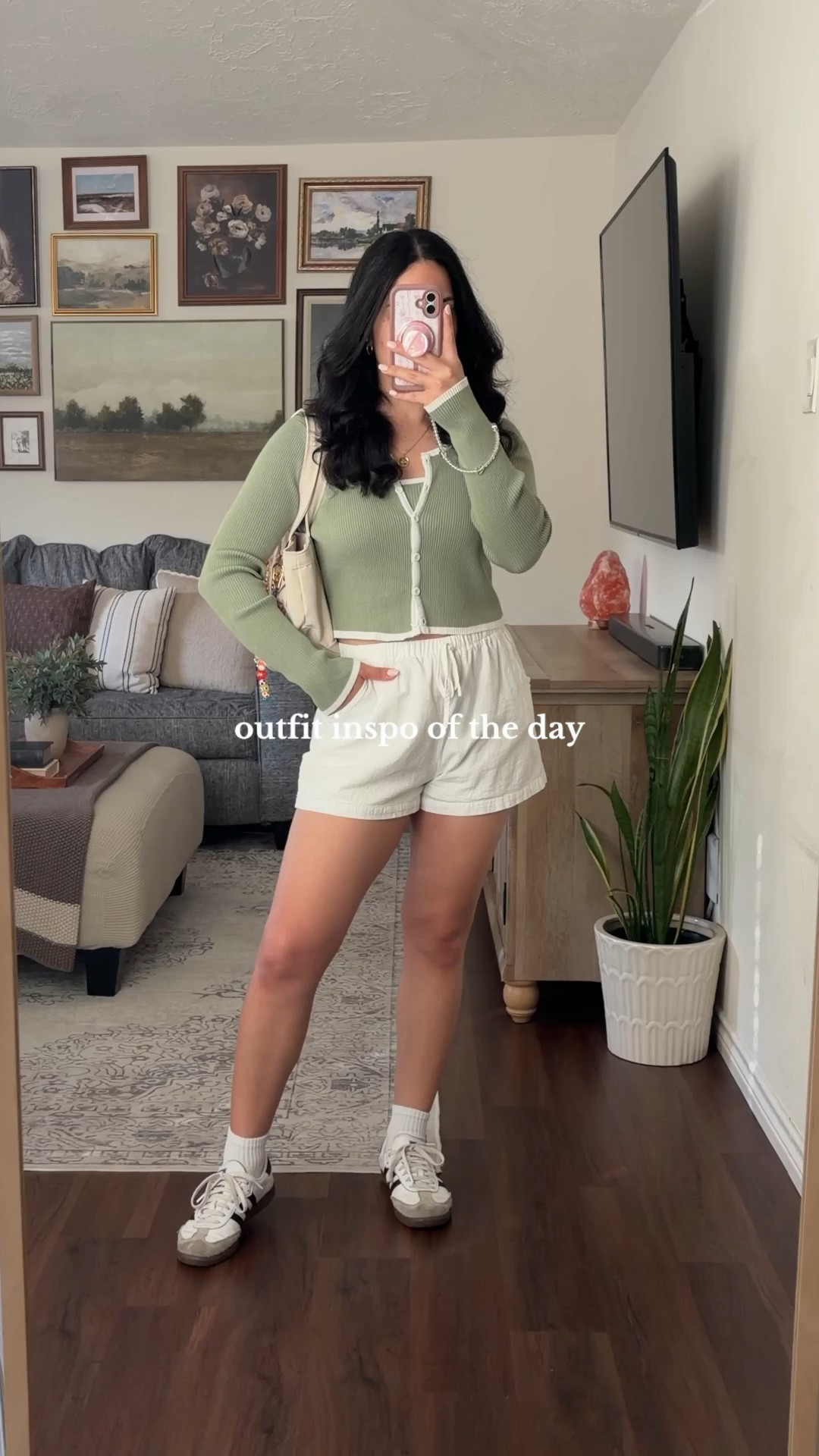 starting july comfy & cute 🍒 sage green outfit, sage green cardigan, green cardigan outfit, cardigan and shorts outfit, casual summer outfit, comfy cute outfit, effortless casual style, sporty chic outfit, elevated casual outfit, cozy girl outfit, soft girl aesthetic, neutral outfit inspiration, green and white outfit, linen shorts outfit, white shorts outfit, casual everyday outfit, easy outfit formula, laid back style, comfortable but cute, weekend outfit inspiration, coffee run outfit, casual brunch outfit, everyday fashion inspo, minimal chic outfit, soft feminine style, casual street style, sporty casual outfit, samba outfit, Adidas samba outfit, sneakers and shorts outfit, white sneakers outfit, crew socks outfit, sporty girl aesthetic, off duty model style, clean girl outfit, effortless chic style, wearable everyday fashion, comfy summer fashion, capsule wardrobe outfit, simple but cute outfit, relaxed summer style, polished casual look, modest casual outfit, casual ootd, outfit of the day, midsize fashion inspiration, petite fashion inspiration, aesthetic casual wear, soft neutral palette, minimal outfit styling, casual style ideas, everyday wardrobe staples, cute casual fashion, stylish comfy outfit, preppy casual outfit, pinterest outfit inspiration, girl next door style, cherry tote bag, personalized tote bag, cute tote bag outfit, playful accessories, charm bag trend, bag charm aesthetic, casual but put together, trendy everyday outfit, easy summer dressing, fashion inspo daily, lifestyle fashion creator, subtle coquette aesthetic, sporty meets feminine, understated style, chic off duty look, effortless everyday style 

 #LTKdayinmylife #LTKgrwm #LTKootd
