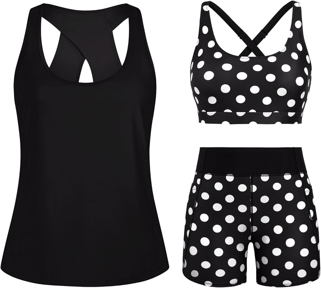 HUSKARY 3 Piece Tankini Swimsuits for Women Swim Tank Top with Bra and High Waist Boy Shorts with... | Amazon (CA)