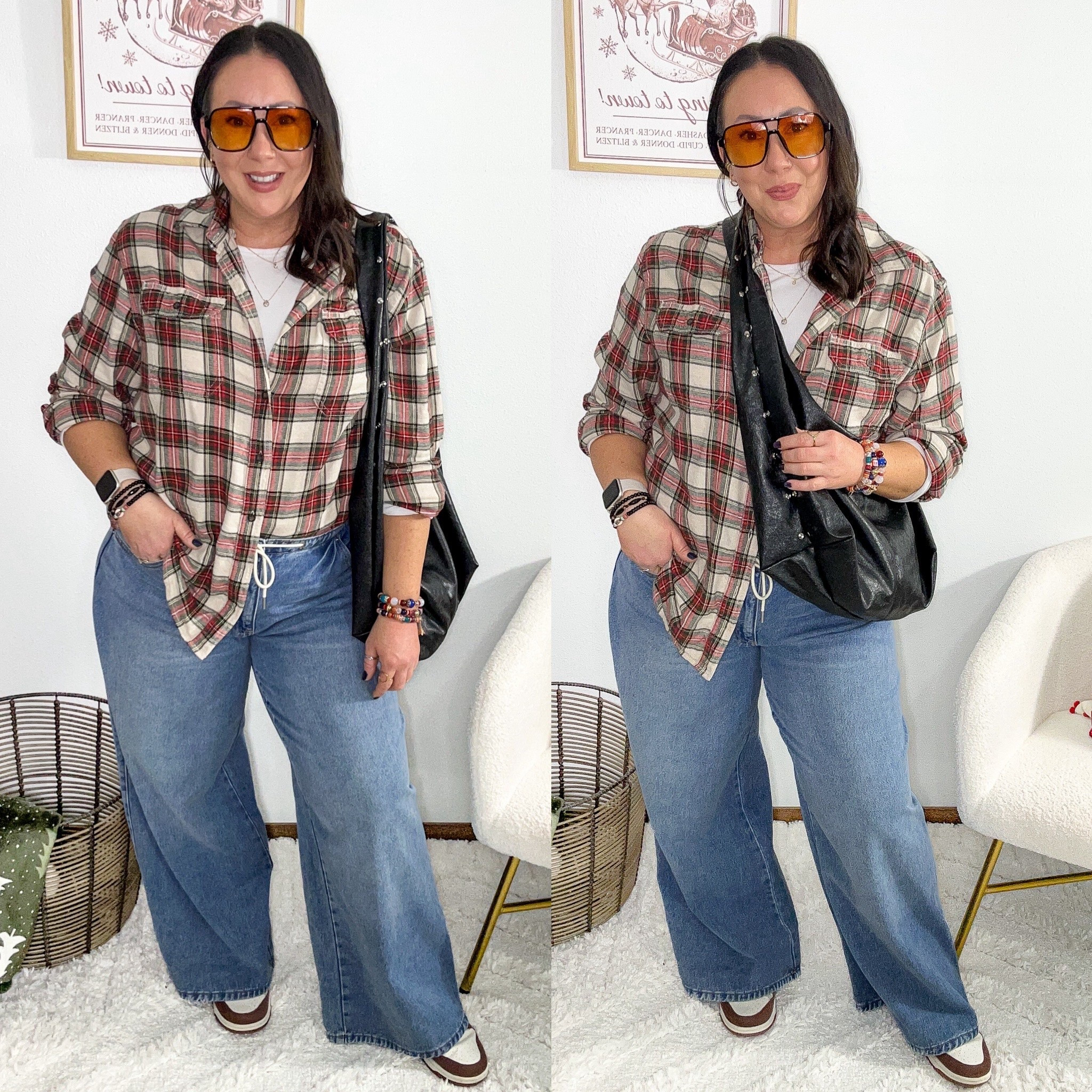 OOTD! Large flannel. Large low rise wide leg jeans. Nikes run true to size. XL ribbed crewneck top  

#LTKootd #LTKOver40 #LTKMidsize