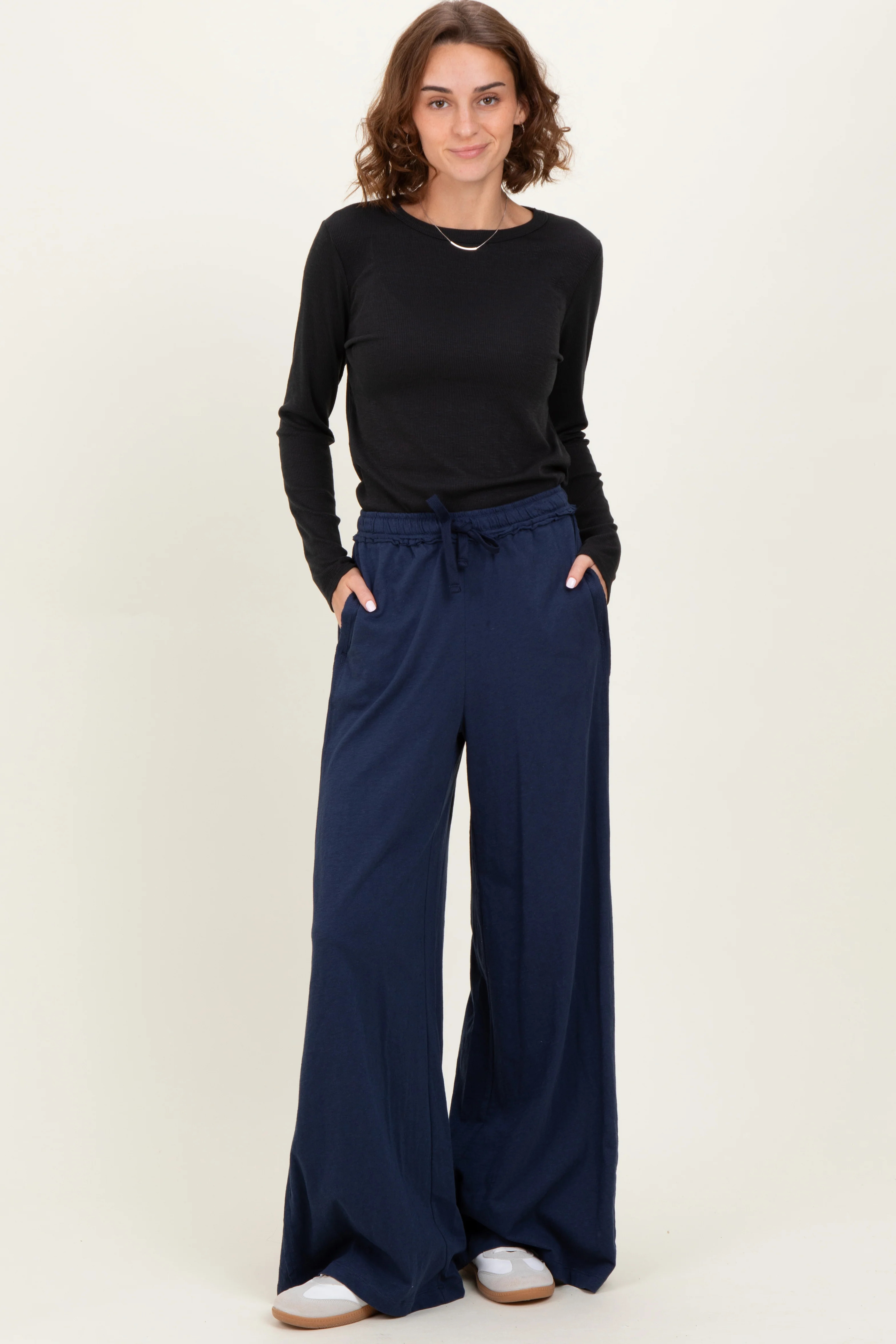 Navy Drawstring Wide Leg Lounge Pant | PinkBlush Maternity