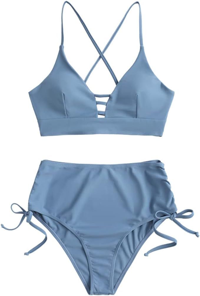 ZAFUL Women High Waisted Bikini Set Sunflower Two Piece Tummy Control Tankini Lace Up Wrap Swimsu... | Amazon (US)