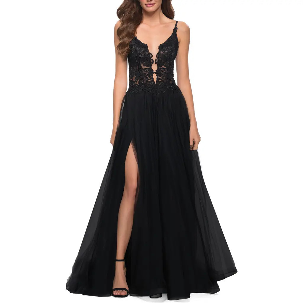 La Femme Tulle A Line Gown with Lace Rhinestone Bodice in Black at Nordstrom, Size 0 | Nordstrom
