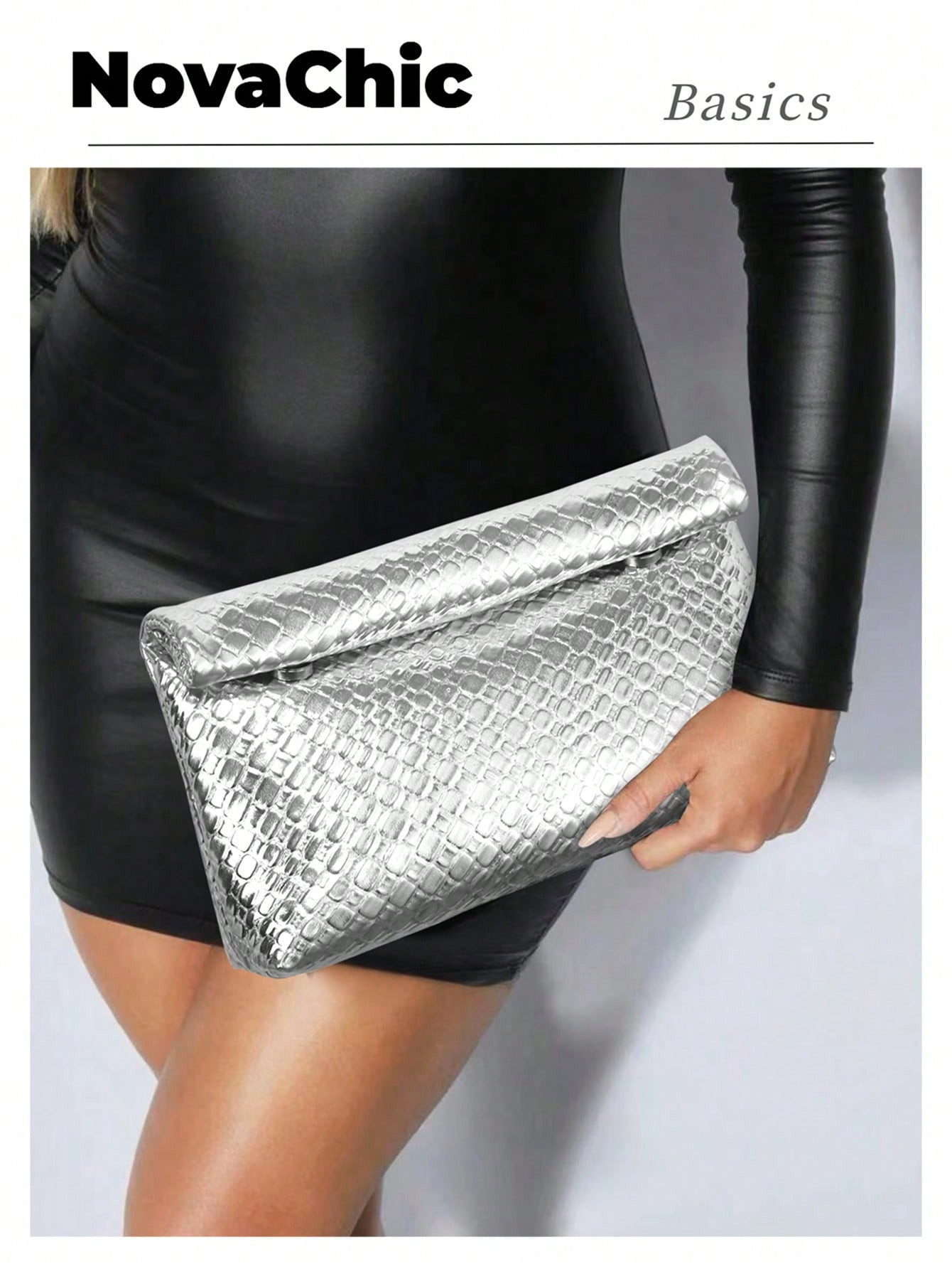1pc Silver Textured Woven Clutch Purse With Folded Beaded Flap,Vintage & Minimalist StyleTready B... | SHEIN