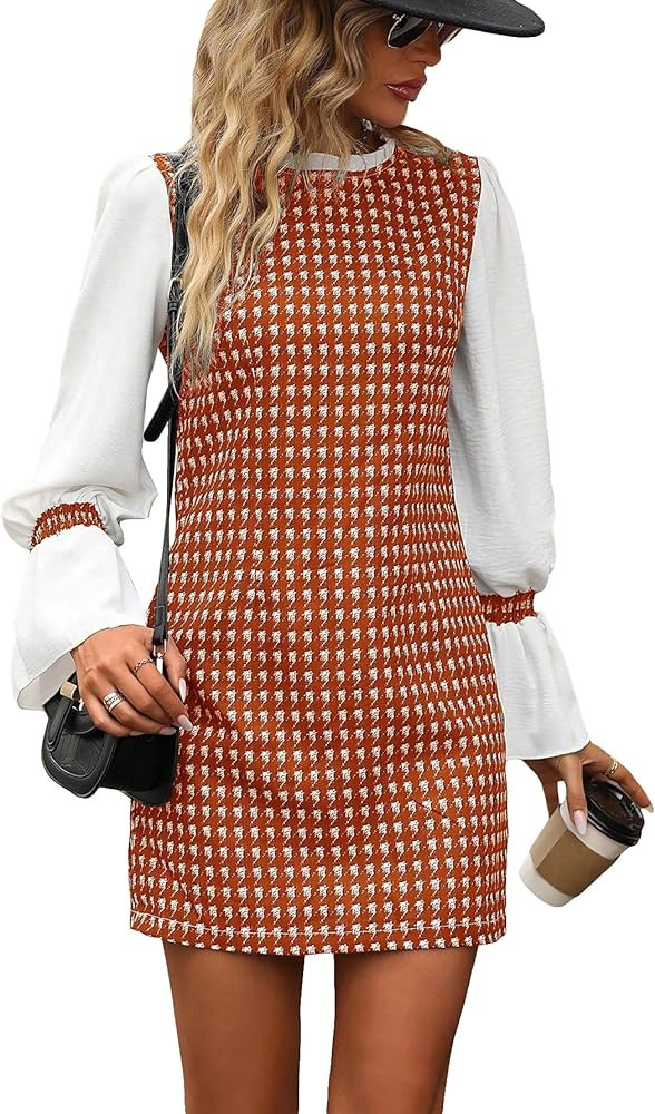 WDIRARA Women's Colorblock Plaid Stand Collar Flounce Sleeve Frill Trim Tweed A Line Mini Dress | Amazon (US)