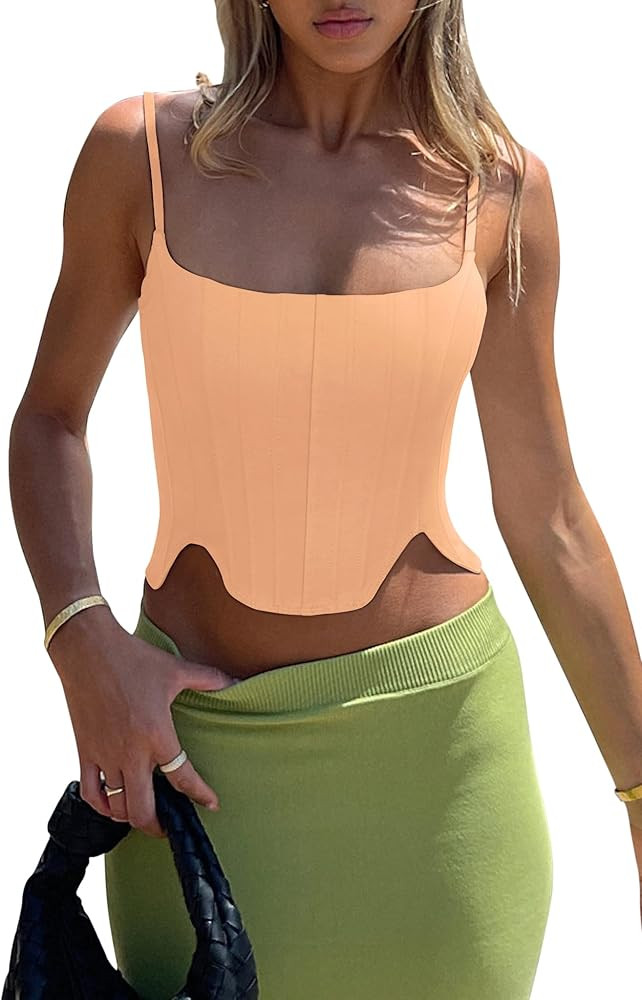 REORIA Women's Sexy Square Neck Trendy Sleeveless Adjustable Spaghetti Strap Corset Tank Crop Top... | Amazon (US)