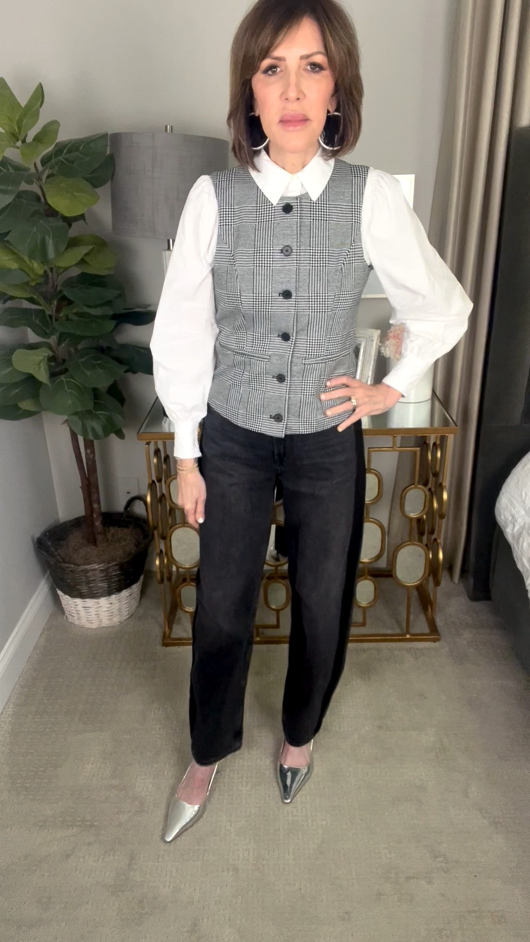 white blouse, track pants jeans, barrel jean, vest, silver heels, thanksgiving outfit, holiday outfit, over 50 outfits 

#LTKOver40 #LTKHoliday #LTKSeasonal