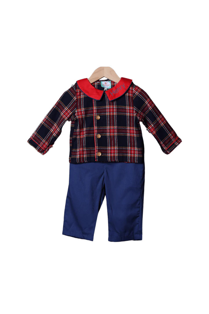 Christmas Navy Tartan Plaid Pant Set | The Smocked Flamingo