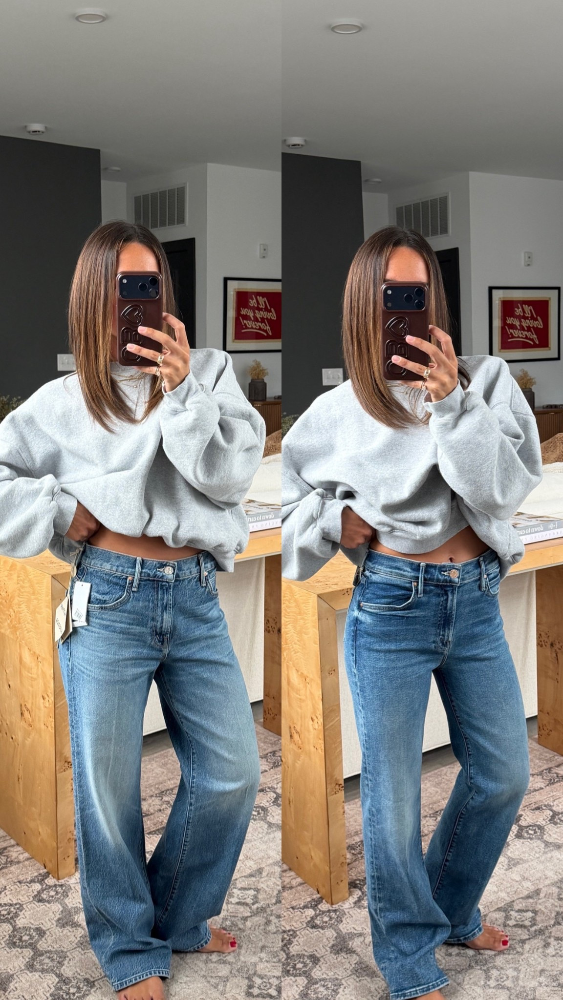 New Mother jeans! One baggier one straight. I’m wearing 25 in both but usually do 24! I got the petite version but both are available in reg length too!