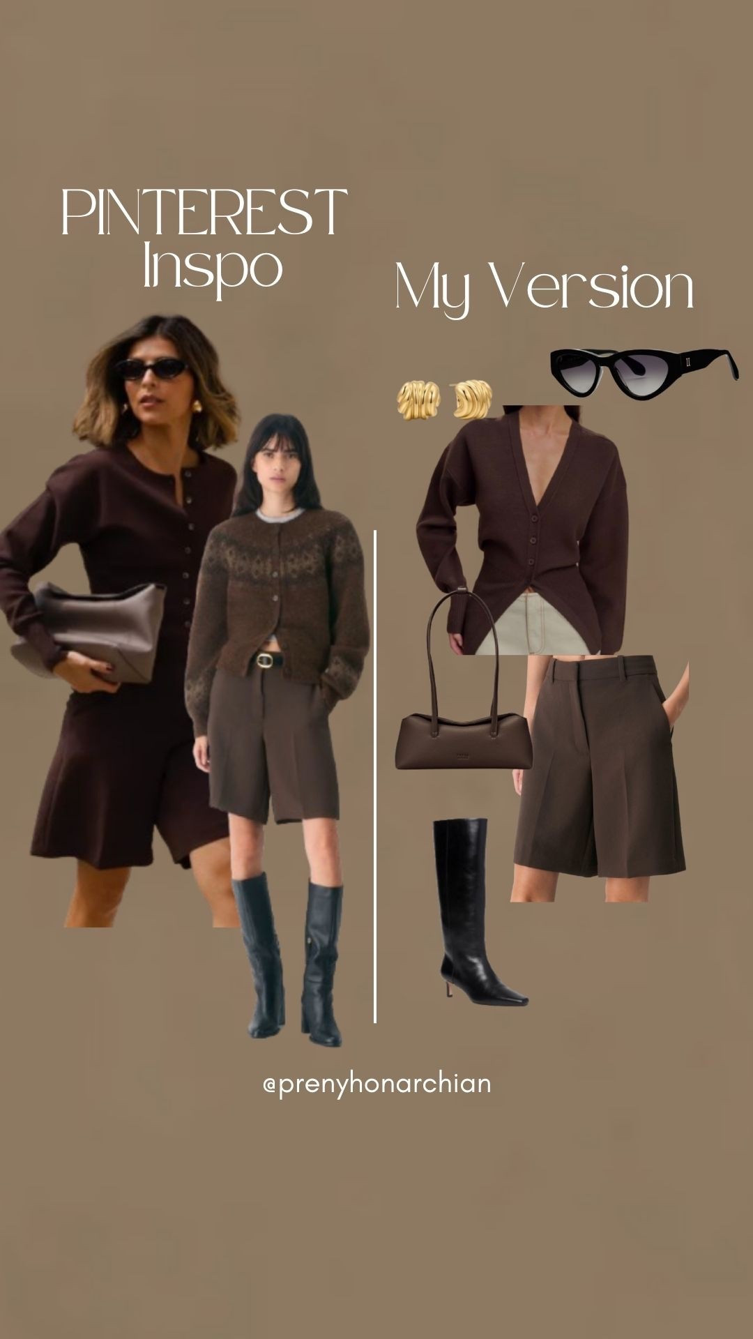 Pinterest inspo vs my version 

Fall outfit 
Brown cardigan 
High waisted brown shorts 
Black boots 
Brown boots 
Brown handbag 
Black cateye sunglasses 
Old statement earrings 
Brown outfit 
Aritzia 
Labor Day weekend 



#LTKStyleTip #LTKShoeCrush #LTKSeasonal