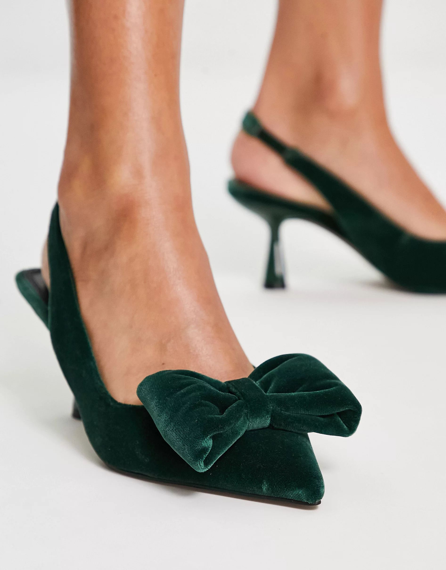 ASOS DESIGN Scarlett bow detail mid heeled shoes in green | ASOS | ASOS (Global)