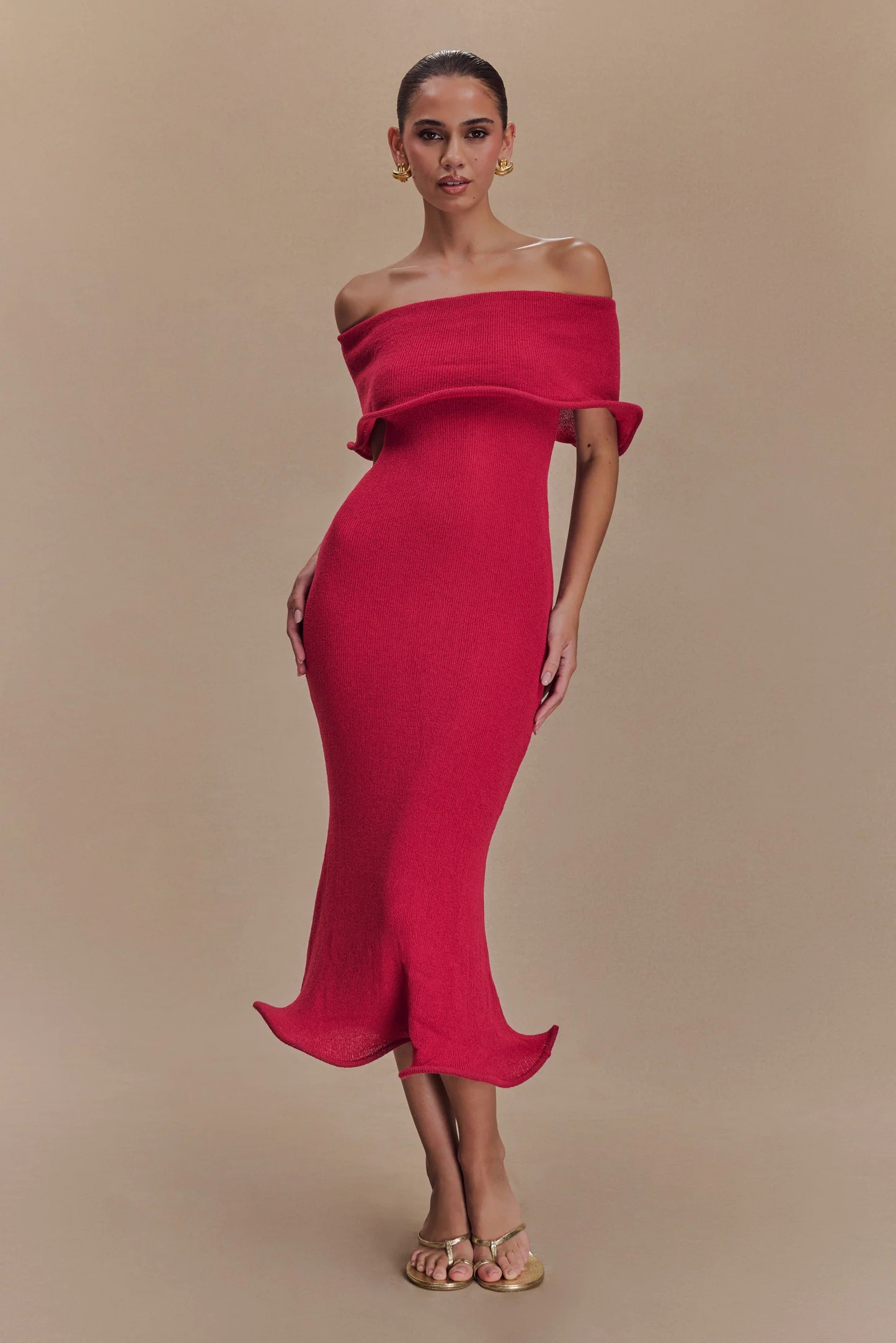 Off Shoulder Knit Midi Dress - Raspberry | MESHKI US