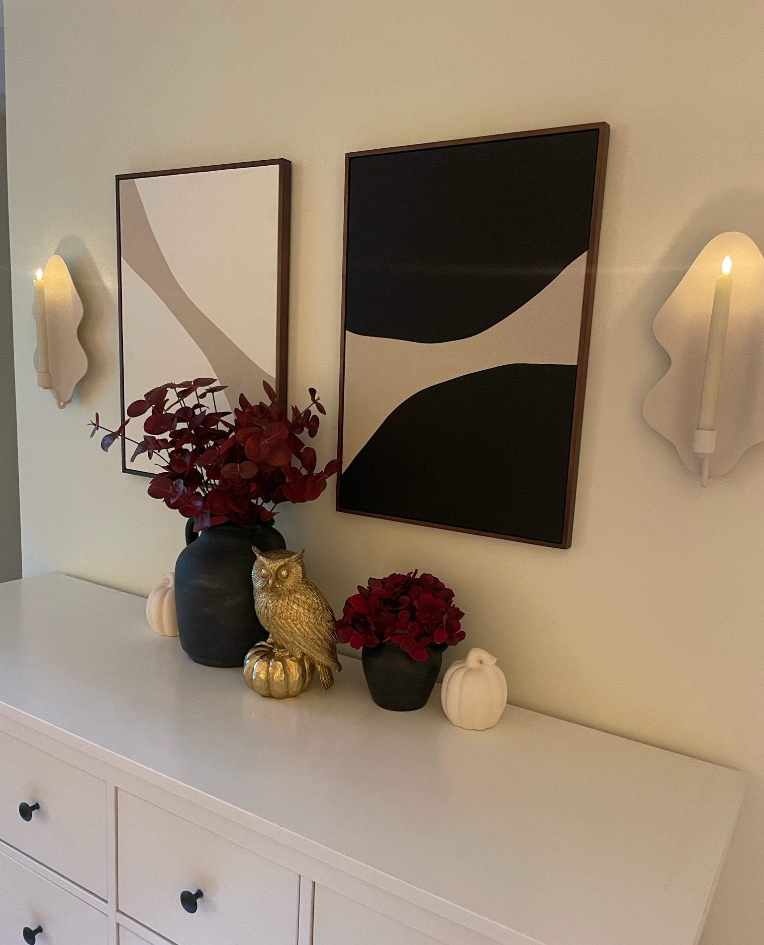 Autumn bedroom decor with flickering candle details, plum florals, black ceramic vases, ceramic pumpkins and a gold owl pumpkin statue 

#LTKHome #LTKSeasonal #LTKSaleAlert