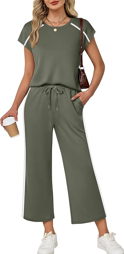 XIEERDUO 2 Piece Sets for Women Crew Neck Travel Airport Outfits Summer Fashion Clothing Cap Slee... | Amazon (US)