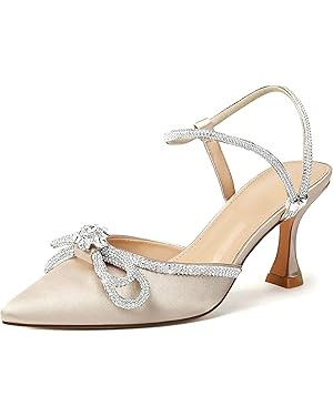 Susanny Women's Closed Toe Rhinstone Wedding Low Heel Slingback Clear Kitten Heels,Adjustable Str... | Amazon (US)