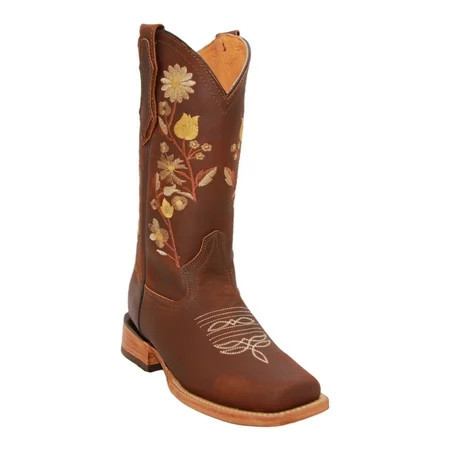 Women’s Genuine Leather Brown Cowgirl Cowboy Boot Floral Embroidered Square Toe Western Boot | Walmart (US)