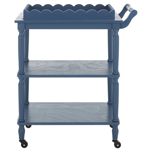 Melanie Updated Traditional Blue Pine Wood Scalloped Bar Cart | Kathy Kuo Home