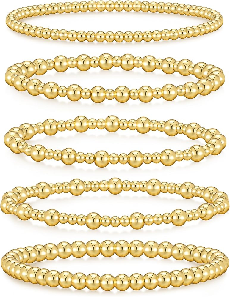 shownii Gold Bracelets for Women, 14K Gold Stretch Beaded Bracelets Gold Plated Stackable Strand ... | Amazon (US)
