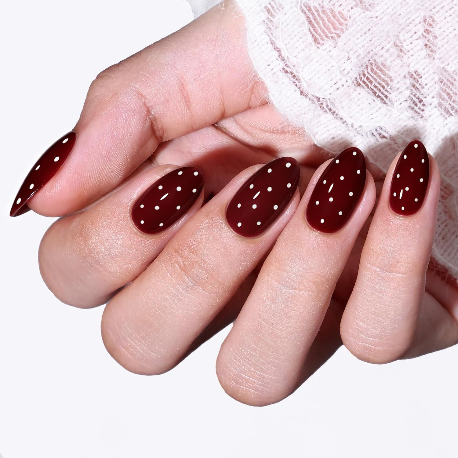 Modelones Dark Red White Polka Dot Press on Nails Short Almond Fake Nails | Amazon (US)