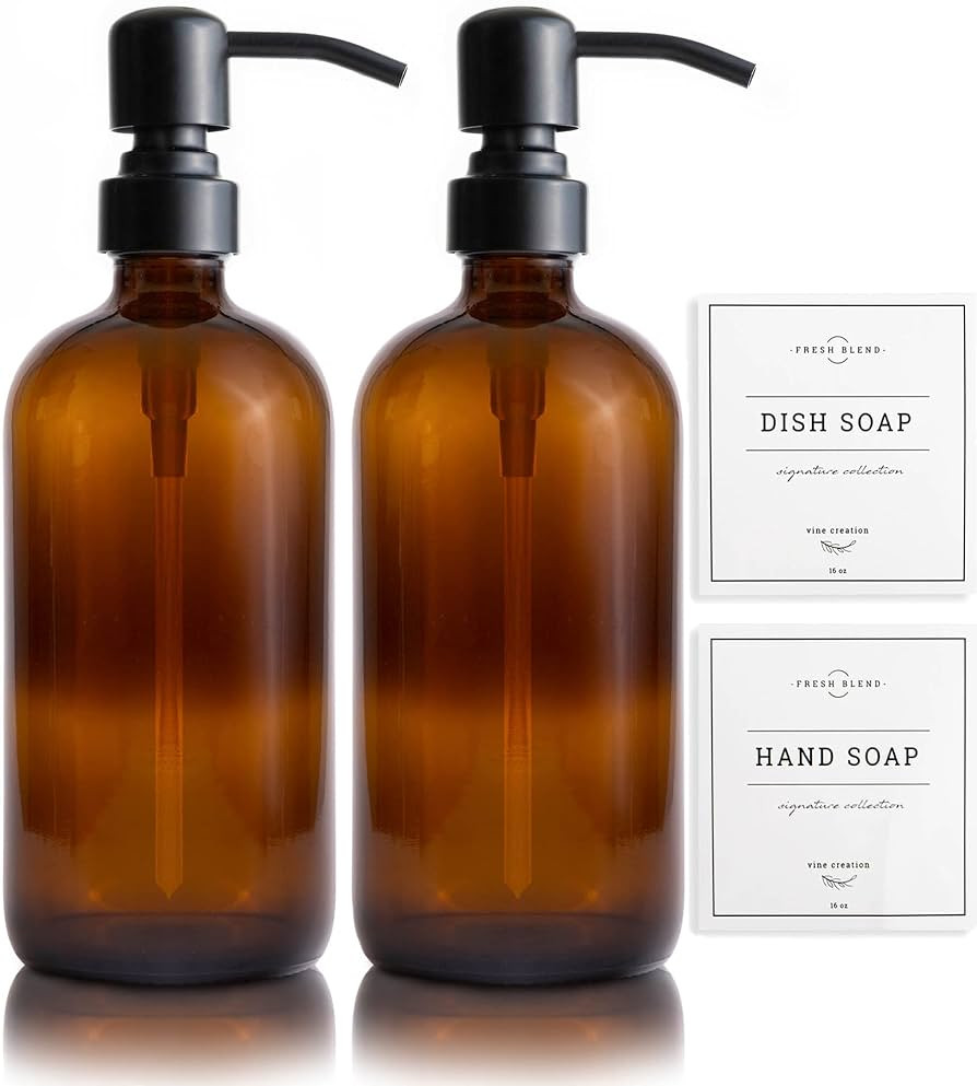 Vine Creations Amber Glass Soap Dispenser, 2 Pack Kitchen Soap Dispenser Set with Stainless Steel... | Amazon (CA)