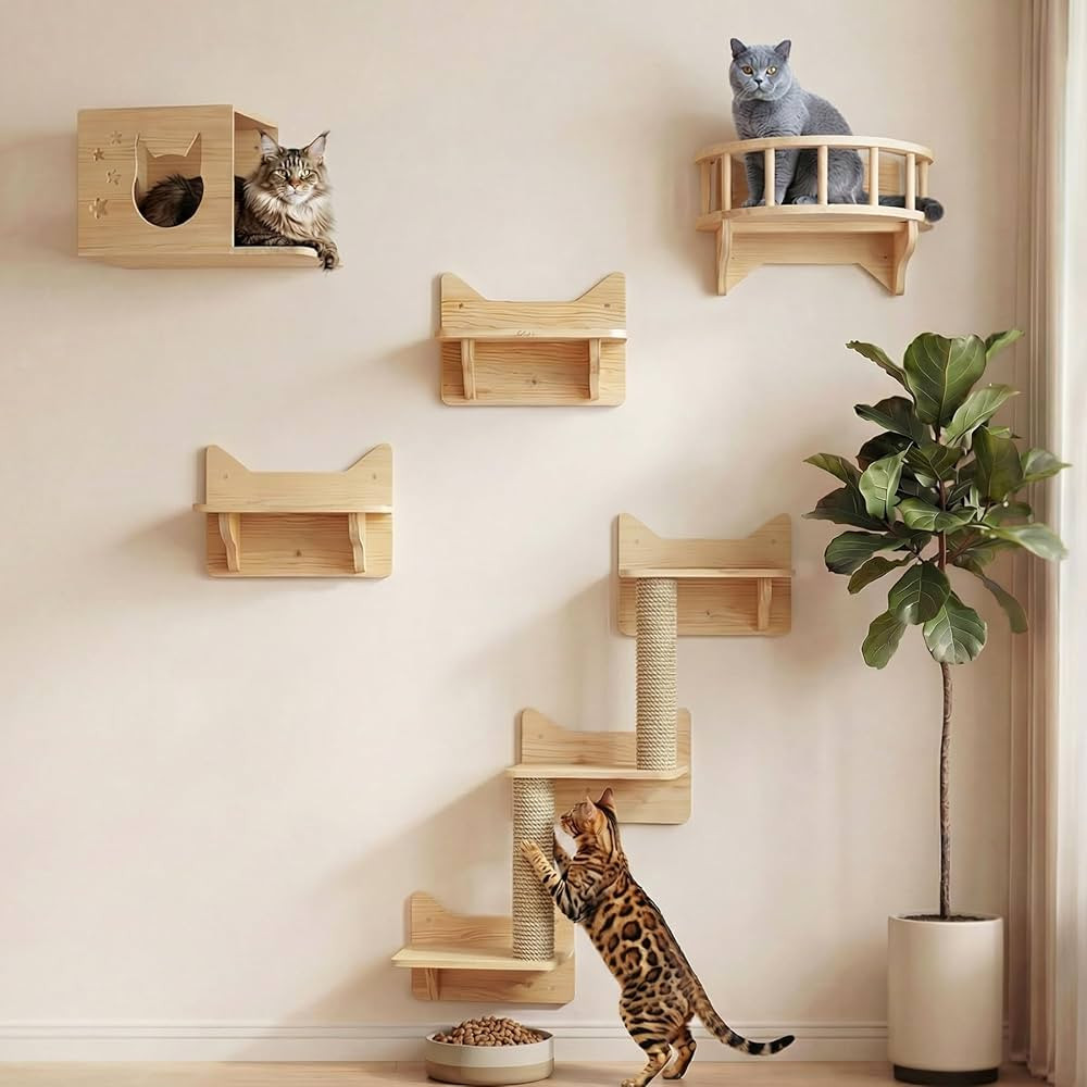 NOVGOBHOT Cat Wall Shelves for Large Cats \u2013 9-Piece Wooden Wall-Mounted Cat Shelves Set, Kit... | Amazon (US)