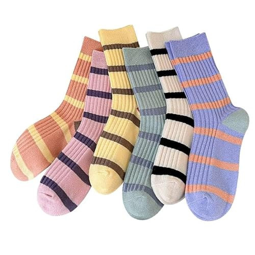 5/10 Pairs Retro Style Colorful Striped Socks, Cute Athletic Crew socks for Women (6 Pairs-Set E) | Amazon (US)