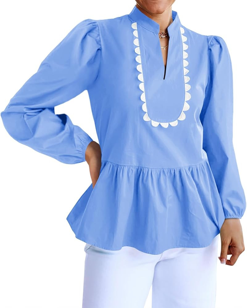 Cicy Bell Womens Puff Long Sleeve Peplum Blouses Babydoll V Neck Ruffle Tops Cute Cotton Loose Fi... | Amazon (US)