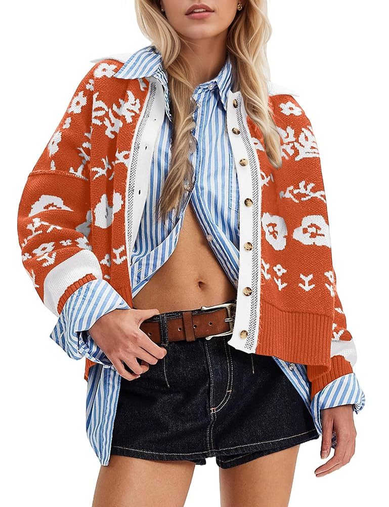 MISSACTIVER Floral Print Button Down Cardigan Sweaters for Women Long Sleeve V Neck Open Front Kn... | Amazon (US)